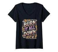 Mujer Burn It All Down Addict Cita Mañana Amante del Café Humor Camiseta Cuello V