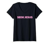 Mujer Busca a Jesús, Pero Primero Déjame Agradecer a Dios, Salva, Cristi Camiseta Cuello V