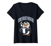 Mujer But First Coffee Sleepy Penguin Caffeine Lover Camiseta Cuello V