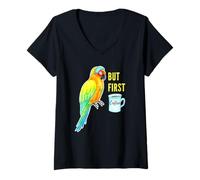 Mujer But First Coffee - Sleepy Sun Conure Parrot Acuarela Camiseta Cuello V