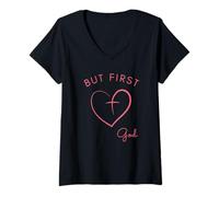 Mujer But First God - Diseño Minimalista Rosa Camiseta Cuello V