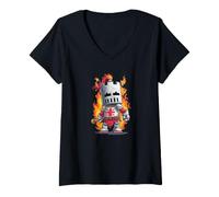 Mujer Caballero Guapo con Espada y Llamas para los Amantes del Reino Camiseta Cuello V