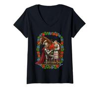 Mujer Caballero Polaco Folk Girl Amapolas Romance Caballo Arte Floral Camiseta Cuello V