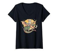 Mujer Caballero Tigre Montando Dragón Medieval REN Faire Gráfi Camiseta Cuello V