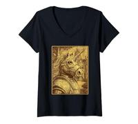Mujer Caballero Unicornio Medieval Fantasía Surrealista Criatura Mítica Camiseta Cuello V