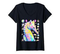 Mujer Caballito de mar con Corazones Gafas de Sol Conchas costeras Verano Camiseta Cuello V