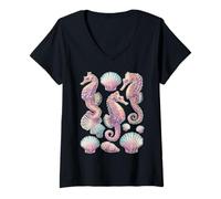 Mujer Caballito de mar Pastel Conchas Marinas Animal Soñador Arte Verano Camiseta Cuello V