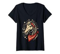 Mujer Caballo Bandana roja Herradura Estrellas Campo Vaquero Retro Camiseta Cuello V