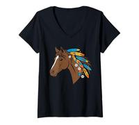 Mujer Caballo Boho Spirit Marrón con Plumas Coloridas En Melena Camiseta Cuello V
