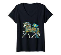 Mujer Caballo Dala Sueco Arte Popular Bandera de Suecia Dalahelmsoljd Caballo Camiseta Cuello V