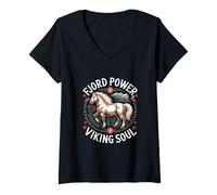 Mujer Caballo de fiordo Noruego Alma vikinga del Poder del fiordo Camiseta Cuello V