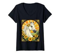 Mujer Caballo de Raza Pura y Flores de Susan de Ojos Negros Camiseta Cuello V