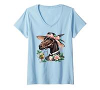 Mujer Caballo Derby elegante con Julepe de menta y rosas Camiseta Cuello V