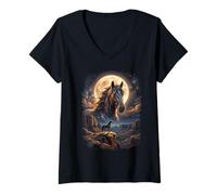 Mujer Caballo Majestuoso Bajo la Luna en el Desierto Cañón Camiseta Cuello V