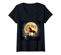 Mujer Caballo majestuoso bajo una Escena de Luna Llena y Cascada Camiseta Cuello V
