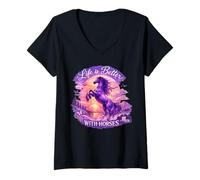 Mujer Caballo Majestuoso Lila Salvaje Caballos Púrpura Atardecer Camiseta Cuello V