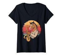 Mujer Caballo Vintage Jugando Saxofón Jazz Saxofón Músico Saxofón Camiseta Cuello V