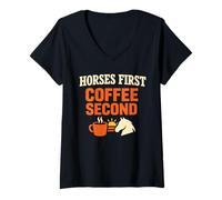 Mujer Caballos Antes de café Granero Humor matutino Rutina Ecuestre Camiseta Cuello V