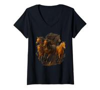 Mujer Caballos galopantes majestuosos corriendo animal arte ecuestre Camiseta Cuello V