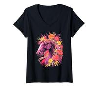 Mujer Caballos Salvajes Lindos Flores Vaquera Flores Caballo Paseo en Equipo Camiseta Cuello V