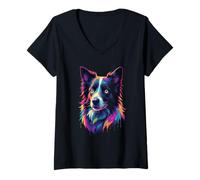 Mujer Cabeza colorida de border collie diseño perro Camiseta Cuello V