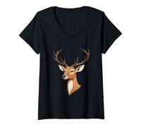 Mujer Cabeza de Ciervo con Astas - Estilo Dibujo Animado Camiseta Cuello V