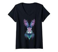 Mujer Cabeza de Conejo emplumada Zanahorias Piel mística Pascua Camiseta Cuello V