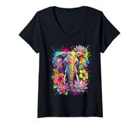 Mujer Cabeza de Elefante Colorida Vibrante Splash Art Floral Camiseta Cuello V