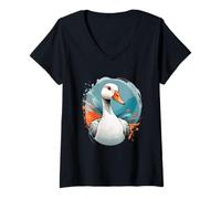 Mujer Cabeza de ganso ilustrada con efecto de salpicaduras Camiseta Cuello V