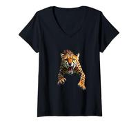 Mujer Cabeza de guepardo enojado rugiendo animales salvajes arte de la selva Camiseta Cuello V