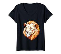 Mujer Cabeza de León Estilizada - Diseño de Animal Potente Camiseta Cuello V