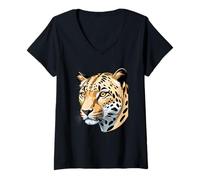 Mujer Cabeza de Leopardo Dibujada - Diseño de Animal Salvaje Camiseta Cuello V