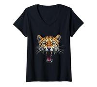 Mujer Cabeza de leopardo enojado rugiendo animal salvaje arte de la selva Camiseta Cuello V