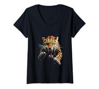 Mujer Cabeza de leopardo enojado rugiendo animal salvaje arte de la selva Camiseta Cuello V