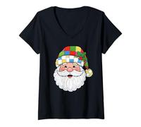 Mujer Cabeza de Papá Noel a Cuadros Happy Santa Face, Feliz Navidad Camiseta Cuello V