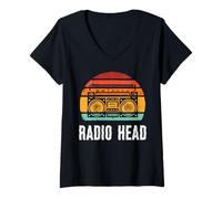 Mujer Cabeza de Radio Musical Boombox Retro Stereo Casete Hombres Mujeres Niños Camiseta Cuello V