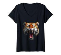 Mujer Cabeza de tigre enojado, rugiente, salvaje, arte de la selva Camiseta Cuello V