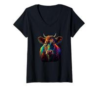 Mujer Cabeza de vaca colorida en vista frontal artística Camiseta Cuello V