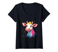 Mujer Cabeza de Vaca en Estilo cómic con Salpicaduras Camiseta Cuello V