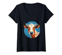 Mujer Cabeza de vaca estilizada con fondo azul circular Camiseta Cuello V