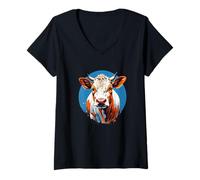 Mujer Cabeza de vaca Hereford estilizada con círculo azul Camiseta Cuello V
