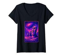 Mujer Cabezas Moai Isla de Pascua - Arte de la Galaxia Alienígena Rapa NUI Camiseta Cuello V