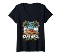 Mujer Cabo Verde Diseño de Tortuga de Playa y Palma Camiseta Cuello V