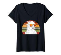 Mujer Cacatúa con gafas de sol Ilustración Vintage Retro Puesta de sol Camiseta Cuello V