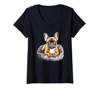 Mujer Cachorro Bulldog Francés en Cama Camiseta Cuello V