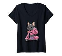 Mujer Cachorro Kawaii en ciclomotor Rosa Bulldog francés Jinete Camiseta Cuello V
