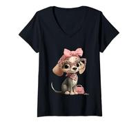 Mujer Cachorro Perro Rosa Leopardo Gafas Girly Glam Fashion Graphic Camiseta Cuello V