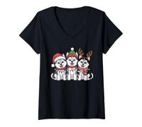 Mujer Cachorros de Navidad Husky - Lindos Huskies Siberianos de Navidad Camiseta Cuello V