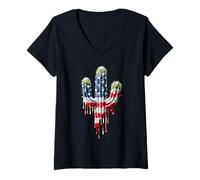 Mujer Cactus American Flag USA Drip Graffiti Patriotismo Lover Camiseta Cuello V