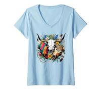 Mujer Cactus con cráneos de Toro Bohemio del sudoeste Camiseta Cuello V